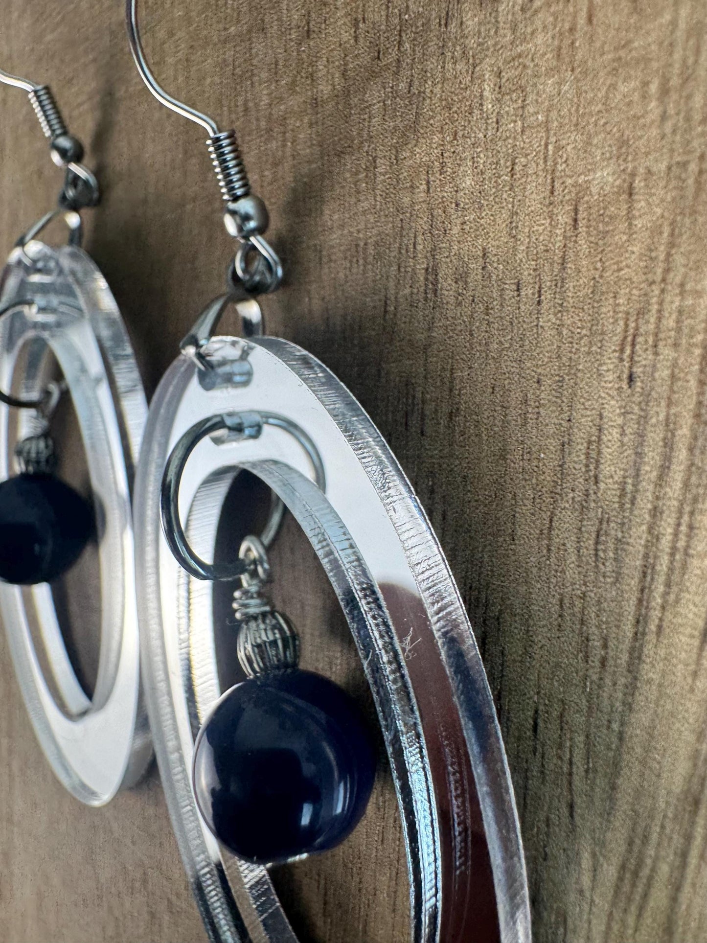 Silver Mirror Oval Earrings, Blue Dangle Bead, Lightweight Drop Jewelry
