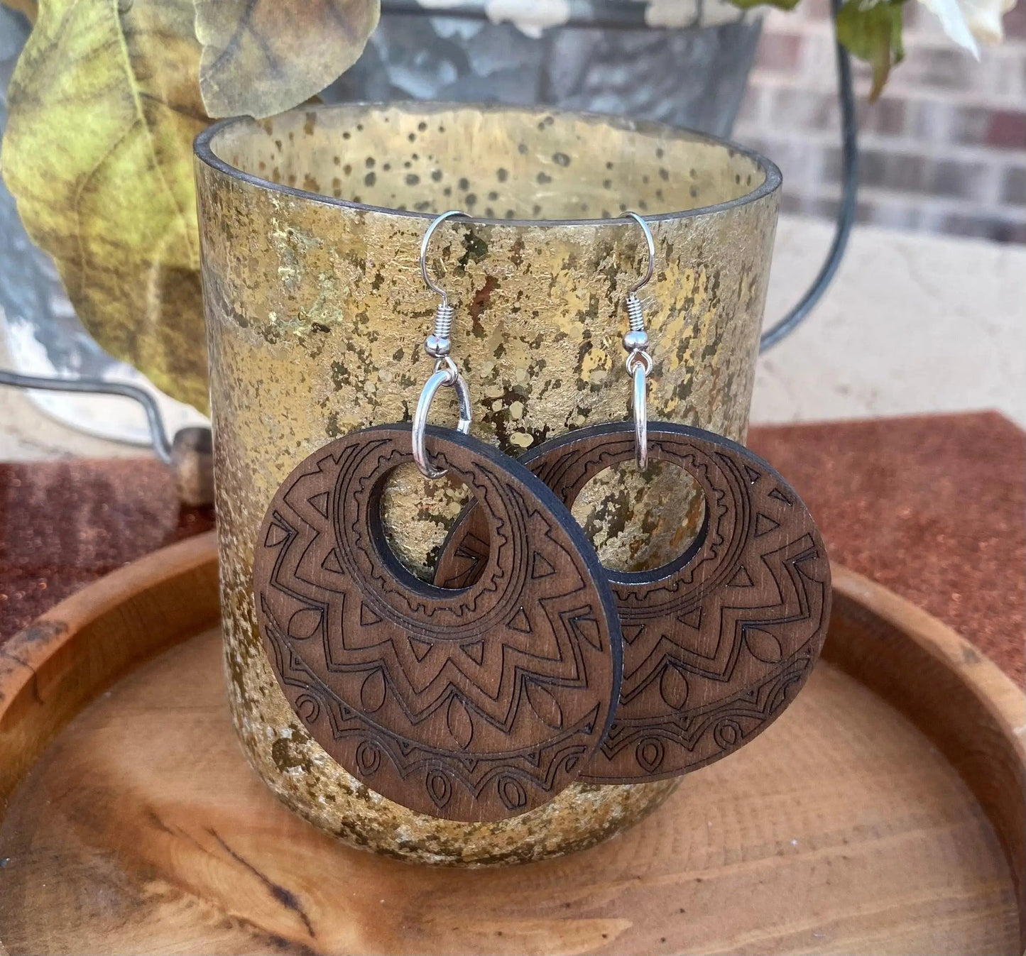 Laser Cut Round Walnut Earrings - The Swanky Bee