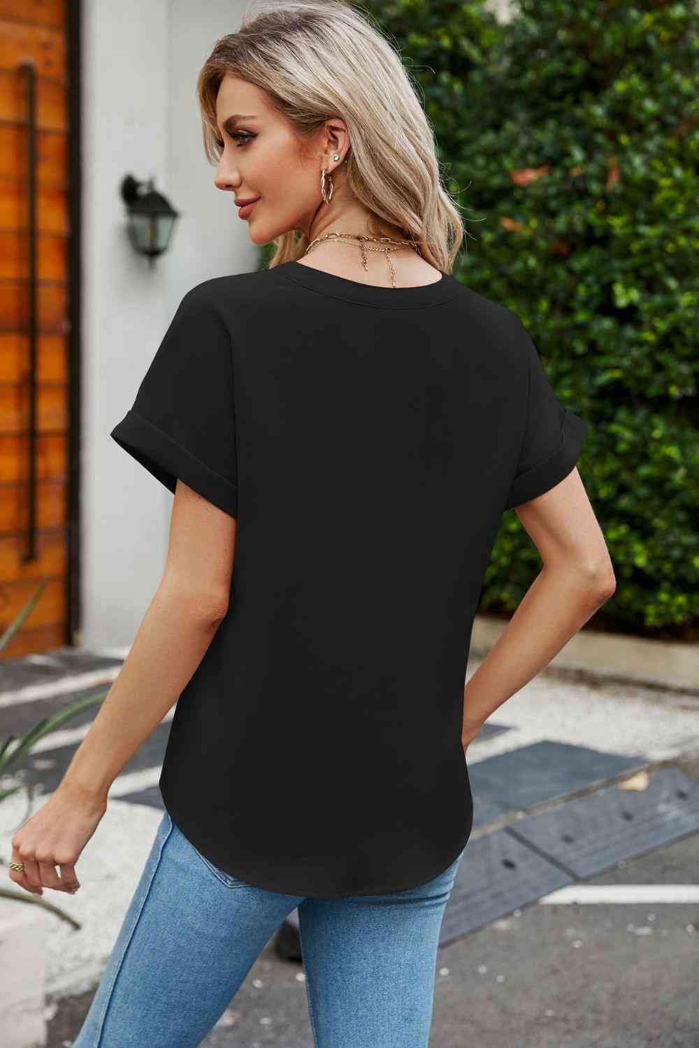 Notched Neck Cuffed Sleeve Shirt - The Swanky Bee