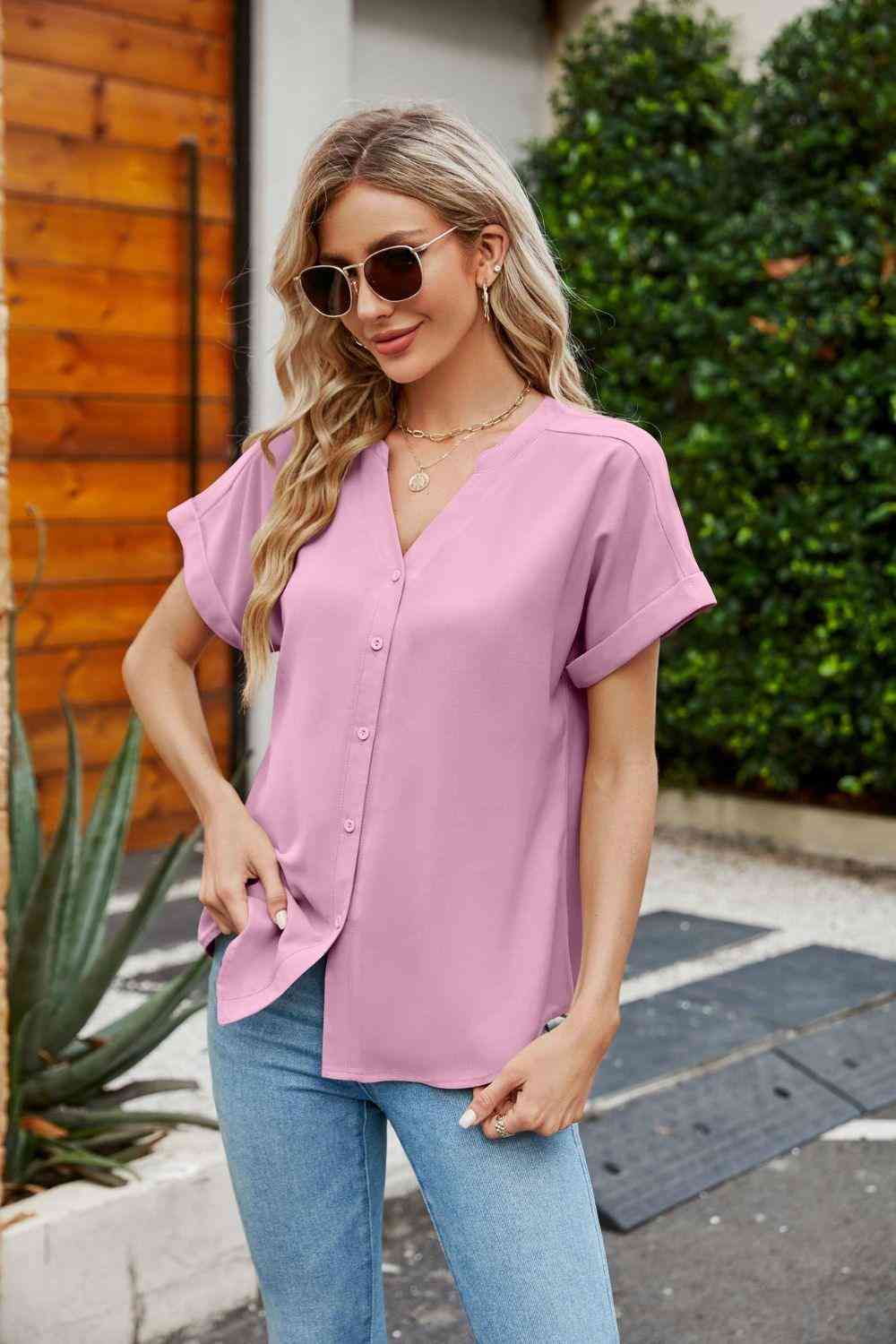 Notched Neck Cuffed Sleeve Shirt - The Swanky Bee