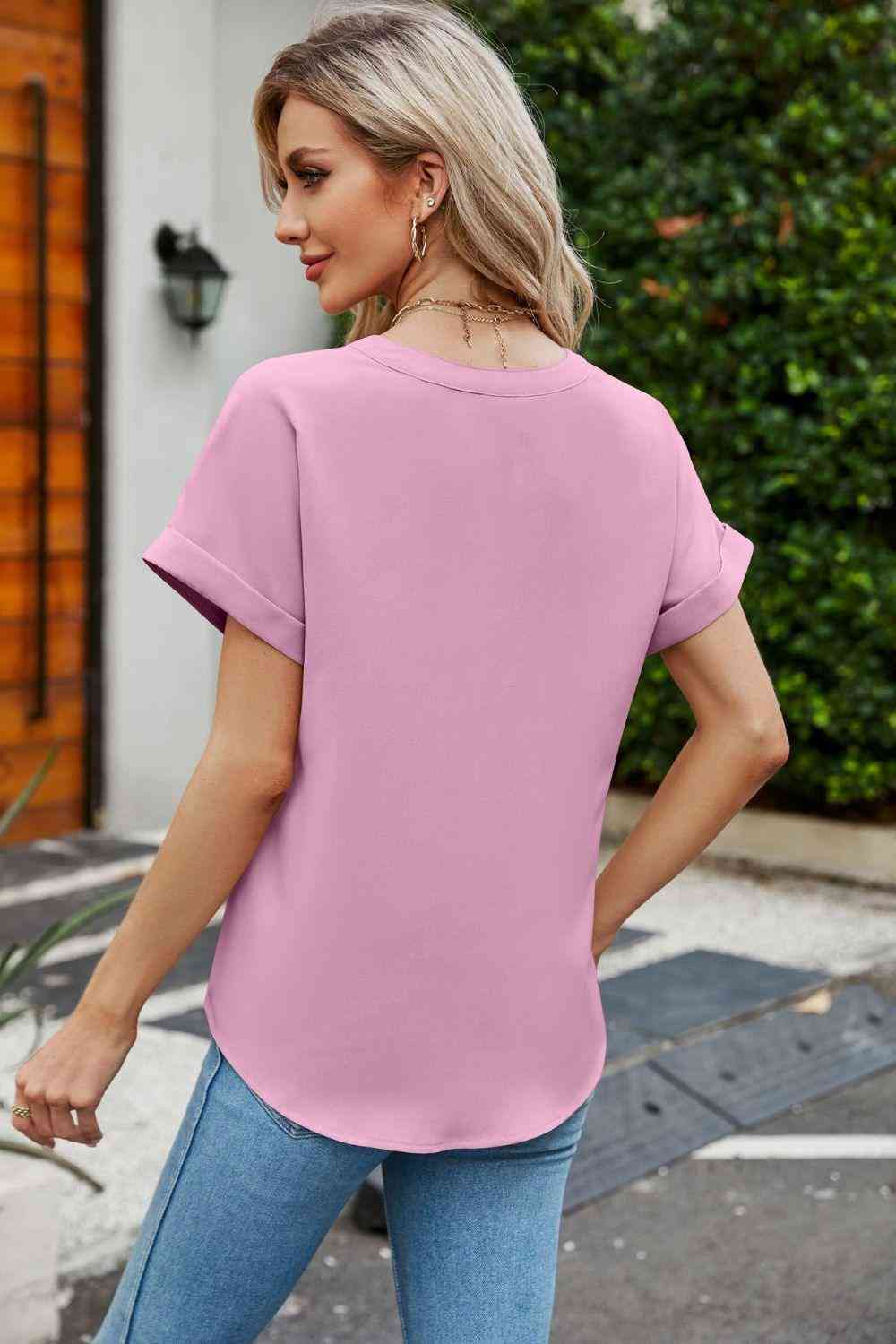 Notched Neck Cuffed Sleeve Shirt - The Swanky Bee