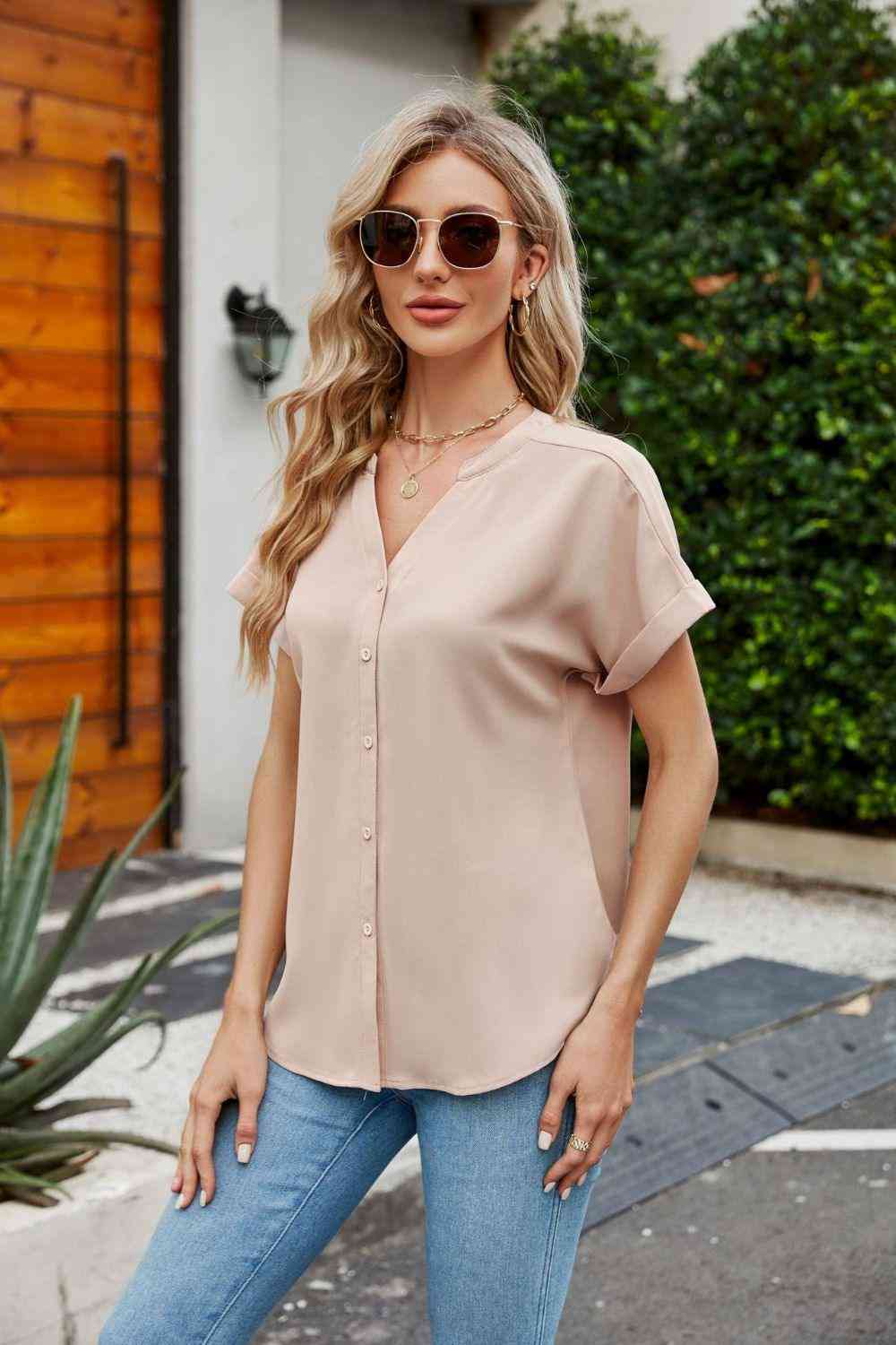 Notched Neck Cuffed Sleeve Shirt - The Swanky Bee