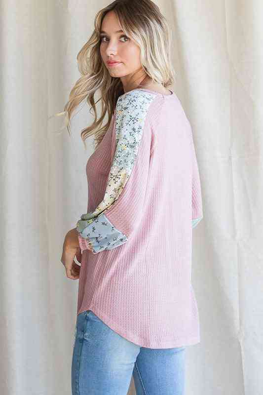 Pink Waffle Knit with 3/4 Floral Sleeve - The Swanky Bee