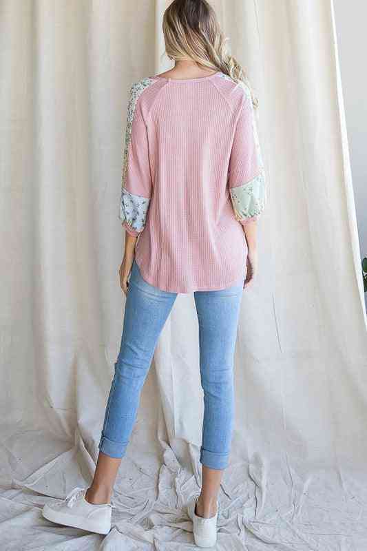Pink Waffle Knit with 3/4 Floral Sleeve - The Swanky Bee