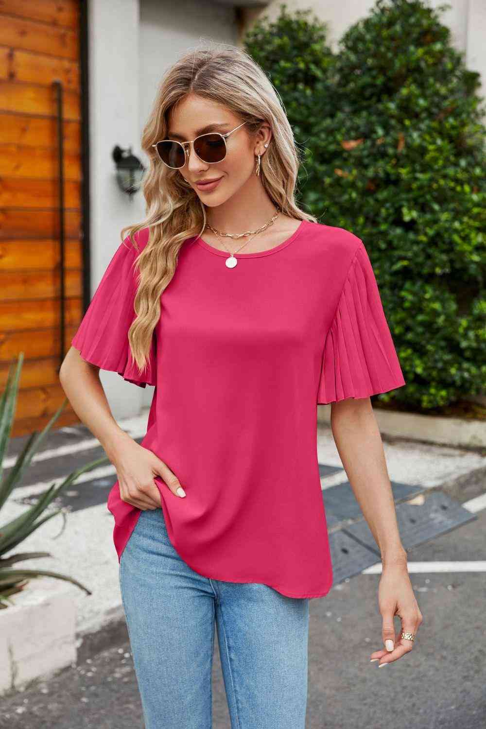 Pleated Flutter Sleeve Round Neck Blouse - The Swanky Bee