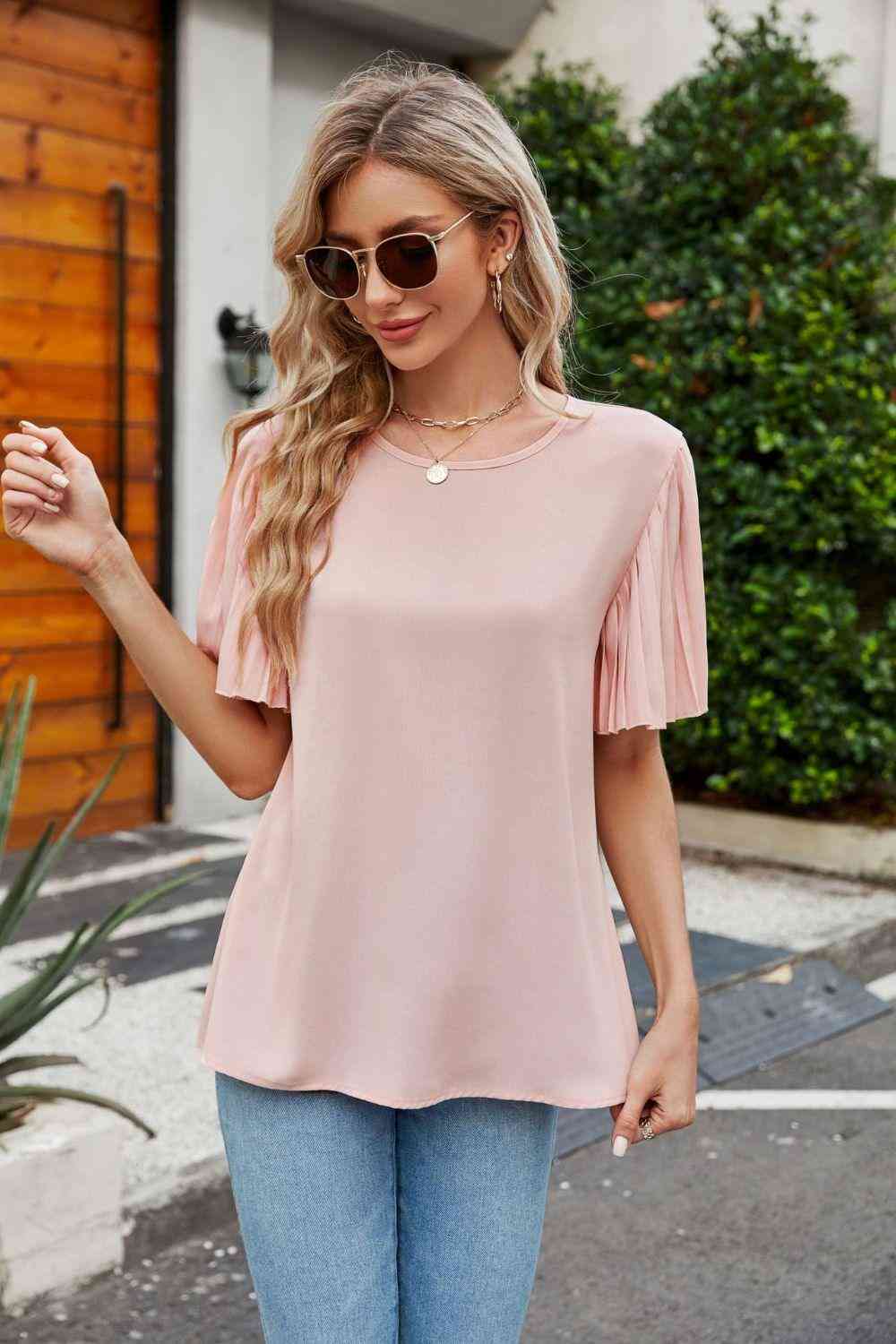 Pleated Flutter Sleeve Round Neck Blouse - The Swanky Bee