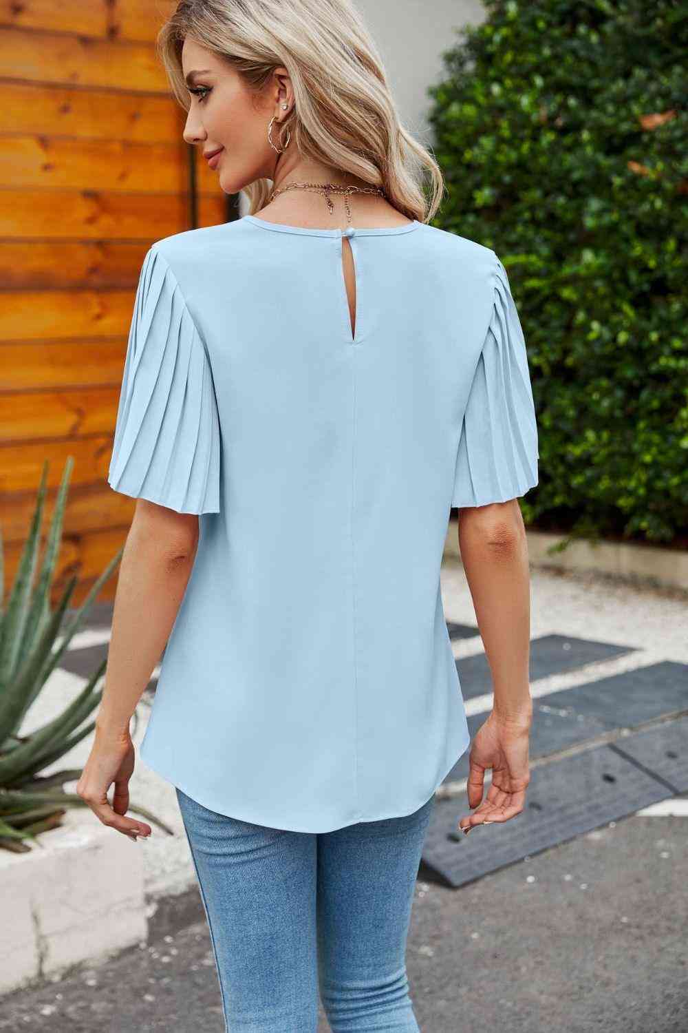 Pleated Flutter Sleeve Round Neck Blouse - The Swanky Bee