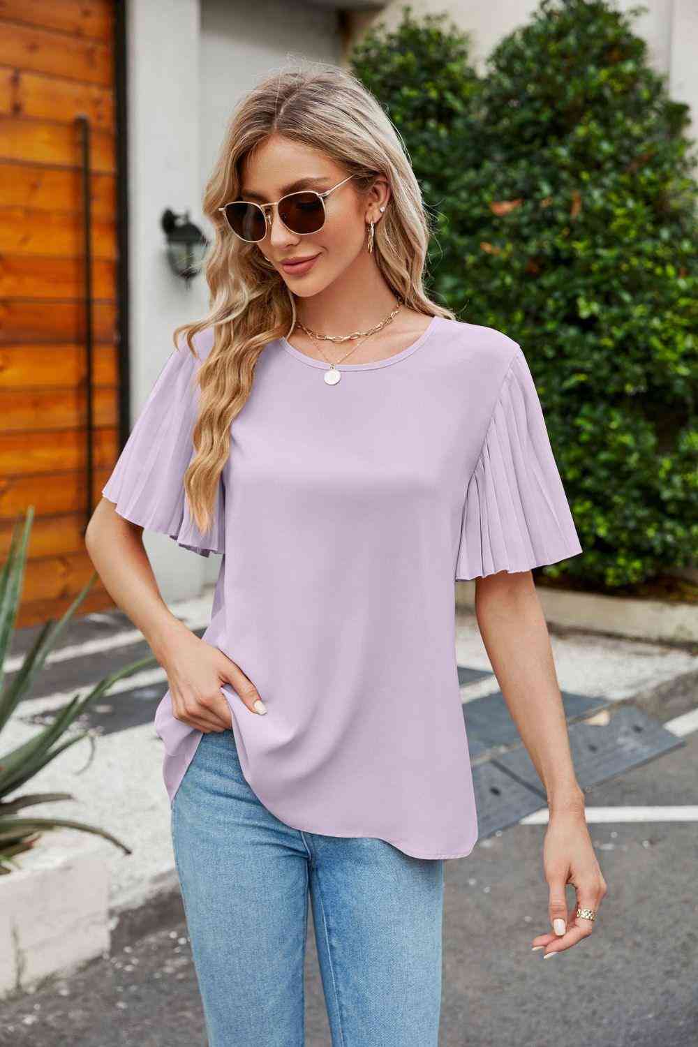 Pleated Flutter Sleeve Round Neck Blouse - The Swanky Bee
