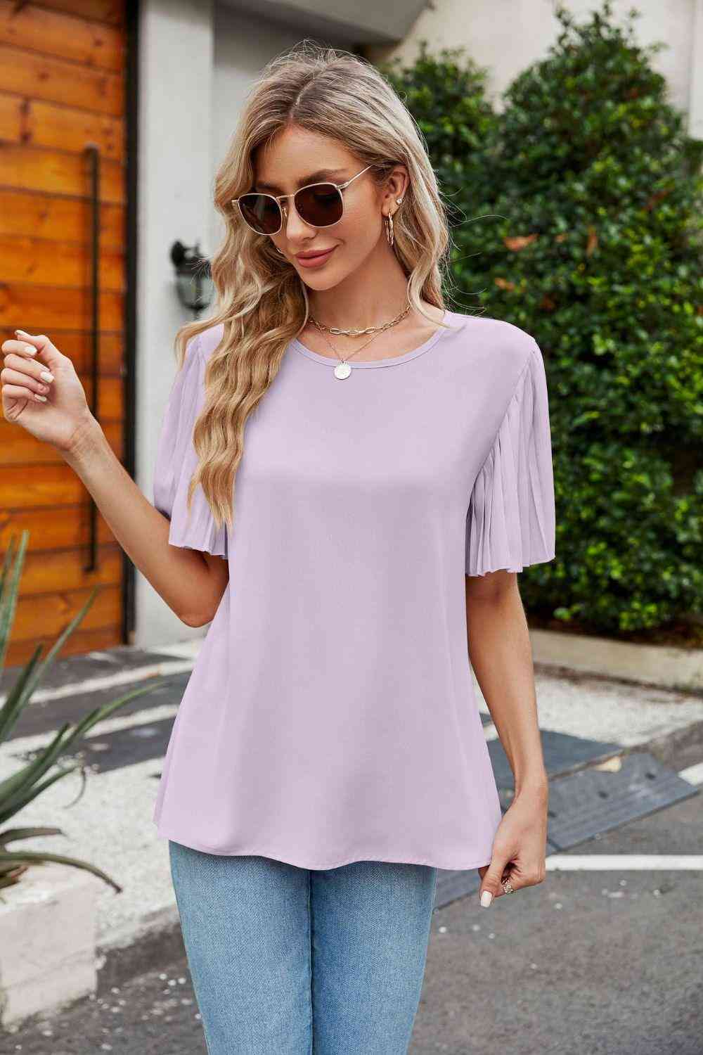 Pleated Flutter Sleeve Round Neck Blouse - The Swanky Bee