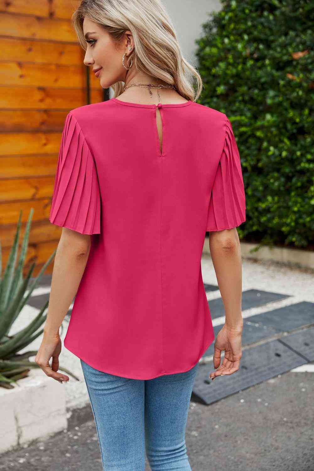 Pleated Flutter Sleeve Round Neck Blouse - The Swanky Bee