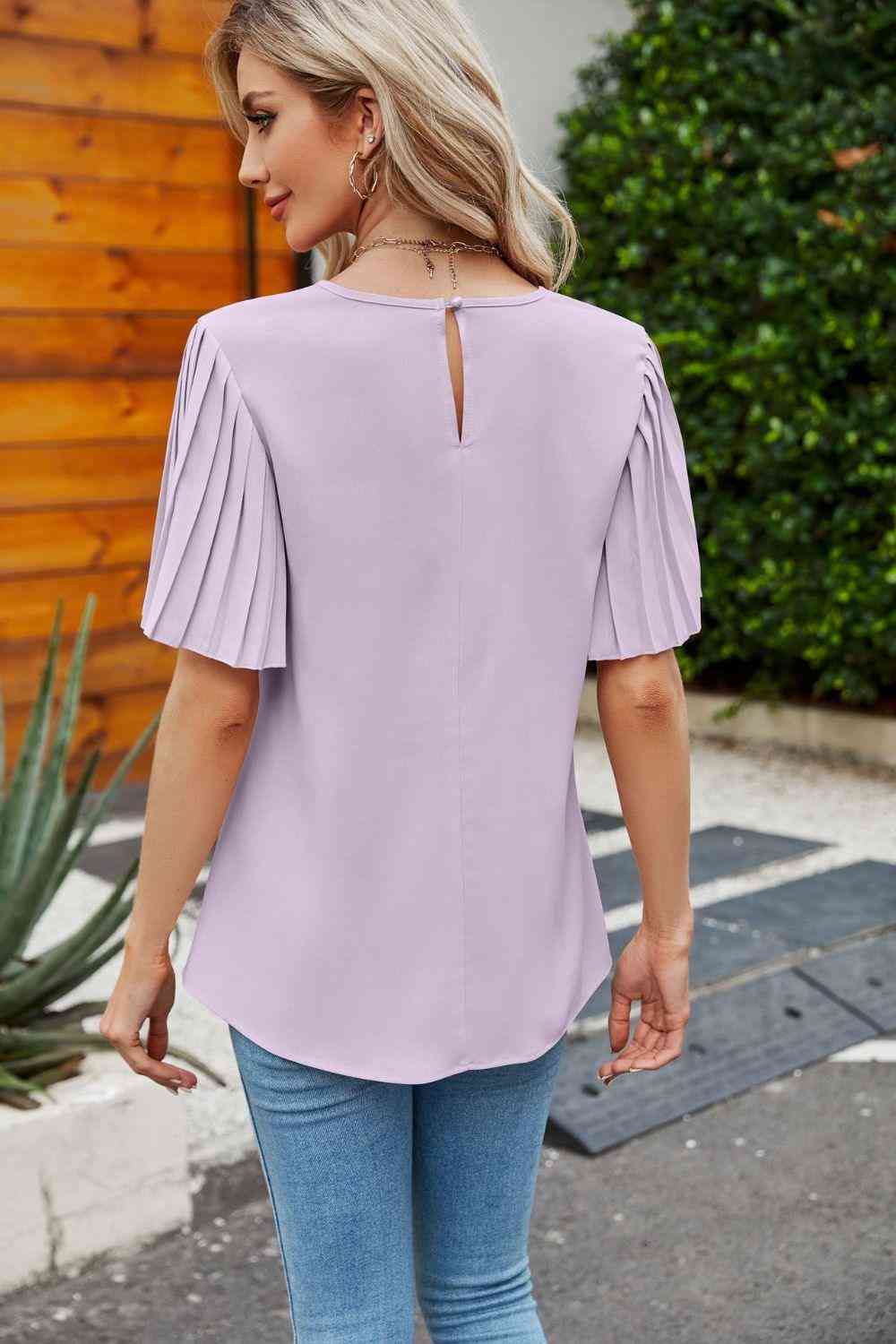 Pleated Flutter Sleeve Round Neck Blouse - The Swanky Bee