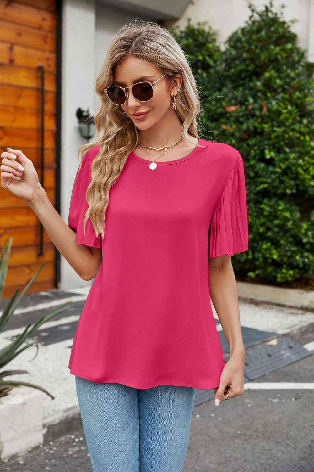 Pleated Flutter Sleeve Round Neck Blouse - The Swanky Bee