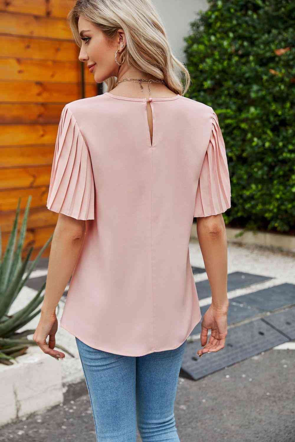 Pleated Flutter Sleeve Round Neck Blouse - The Swanky Bee