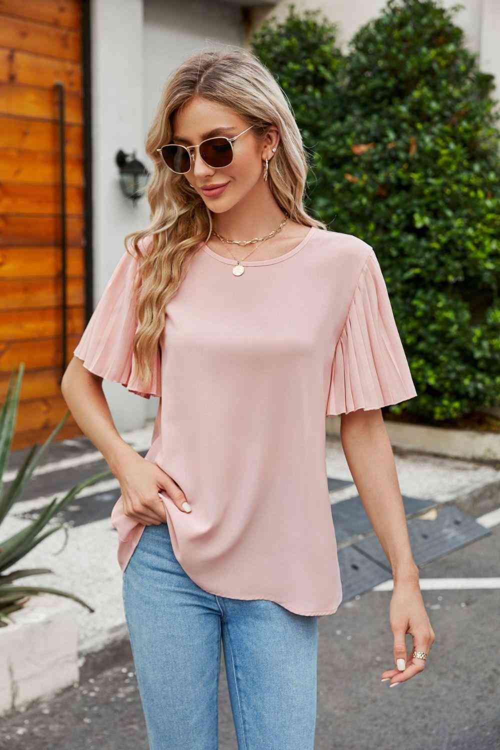 Pleated Flutter Sleeve Round Neck Blouse - The Swanky Bee