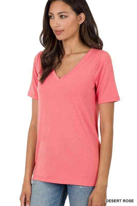 Short Sleeve Basic V-Neck Tee-Desert Rose - The Swanky Bee