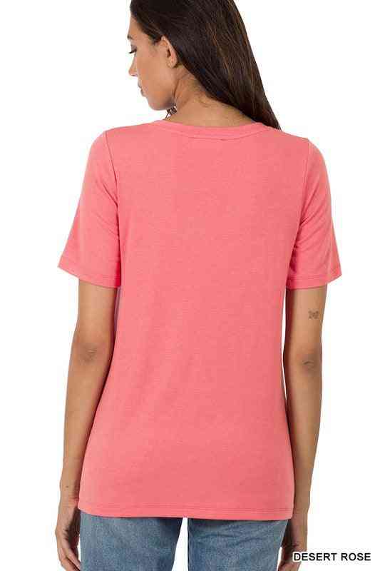 Short Sleeve Basic V-Neck Tee-Desert Rose - The Swanky Bee