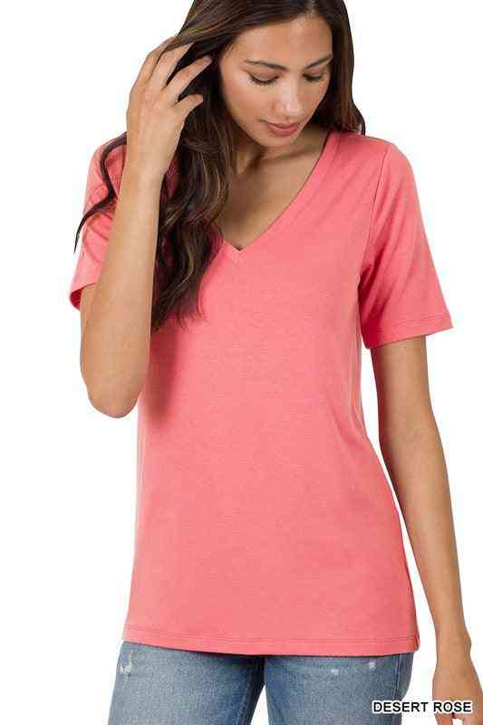 Short Sleeve Basic V-Neck Tee-Desert Rose - The Swanky Bee