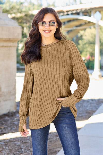 Basic Bae Full Size Ribbed Round Neck Long Sleeve Knit Top - Cozy Sweater - Essential Winter Layer - Casual Chic Pullover - Plus Size Fashion