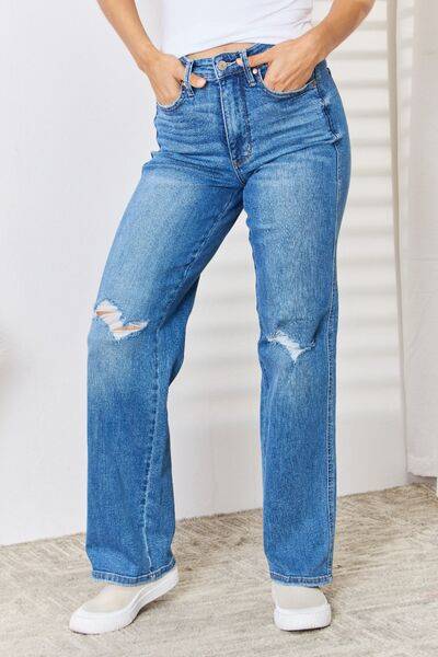 Judy Blue Full Size High Waist Distressed Straight-Leg Jeans - Trendy Denim for Women - Chic Distressed Look - Everyday Casual Wear - Plus Size Available