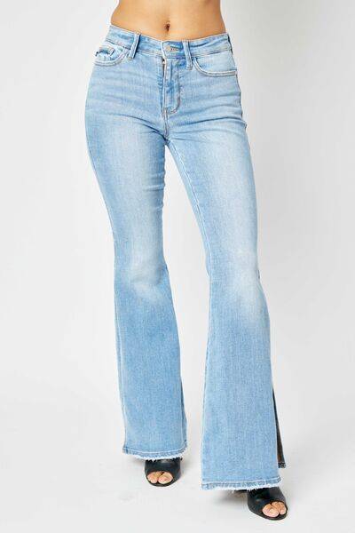 Judy Blue Full Size Mid Rise Raw Hem Slit Flare Jeans - Trendy Denim Flares - Edgy Slit Detail - Everyday Fashion Jeans - Plus Size Available