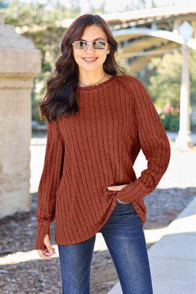 Basic Bae Full Size Ribbed Round Neck Long Sleeve Knit Top - Cozy Sweater - Essential Winter Layer - Casual Chic Pullover - Plus Size Fashion