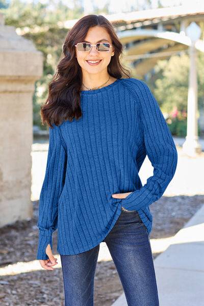 Basic Bae Full Size Ribbed Round Neck Long Sleeve Knit Top - Cozy Sweater - Essential Winter Layer - Casual Chic Pullover - Plus Size Fashion