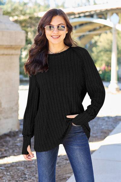 Basic Bae Full Size Ribbed Round Neck Long Sleeve Knit Top - Cozy Sweater - Essential Winter Layer - Casual Chic Pullover - Plus Size Fashion
