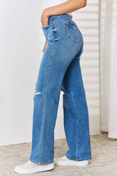 Judy Blue Full Size High Waist Distressed Straight-Leg Jeans - Trendy Denim for Women - Chic Distressed Look - Everyday Casual Wear - Plus Size Available