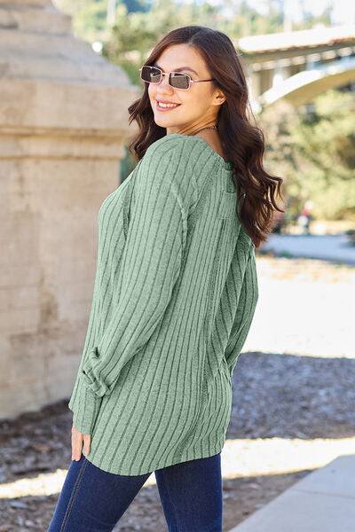 Basic Bae Full Size Ribbed Round Neck Long Sleeve Knit Top - Cozy Sweater - Essential Winter Layer - Casual Chic Pullover - Plus Size Fashion