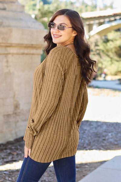 Basic Bae Full Size Ribbed Round Neck Long Sleeve Knit Top - Cozy Sweater - Essential Winter Layer - Casual Chic Pullover - Plus Size Fashion