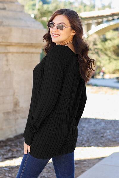 Basic Bae Full Size Ribbed Round Neck Long Sleeve Knit Top - Cozy Sweater - Essential Winter Layer - Casual Chic Pullover - Plus Size Fashion