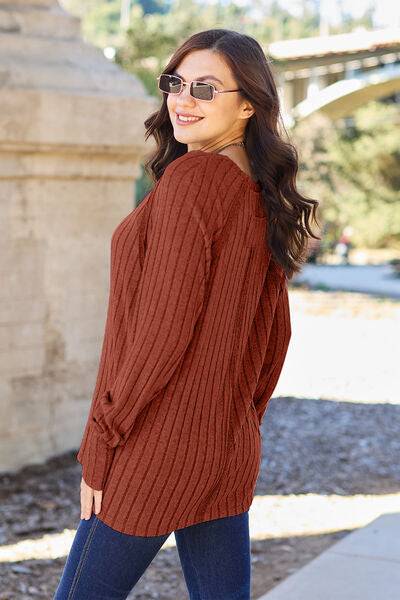 Basic Bae Full Size Ribbed Round Neck Long Sleeve Knit Top - Cozy Sweater - Essential Winter Layer - Casual Chic Pullover - Plus Size Fashion