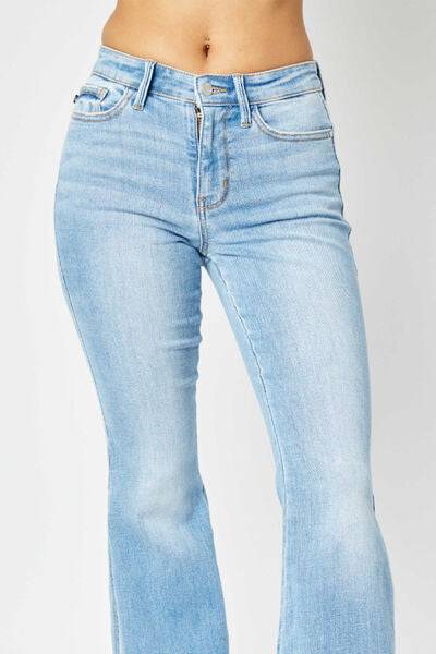 Judy Blue Full Size Mid Rise Raw Hem Slit Flare Jeans - Trendy Denim Flares - Edgy Slit Detail - Everyday Fashion Jeans - Plus Size Available