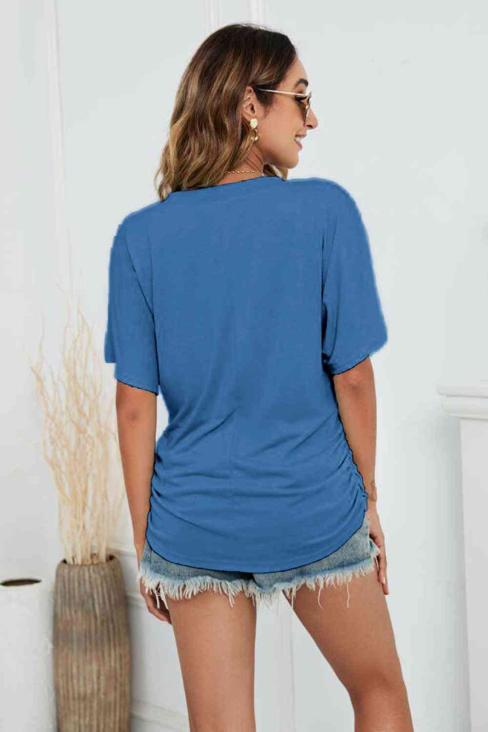 V-Neck Side Ruched Tee - The Swanky Bee