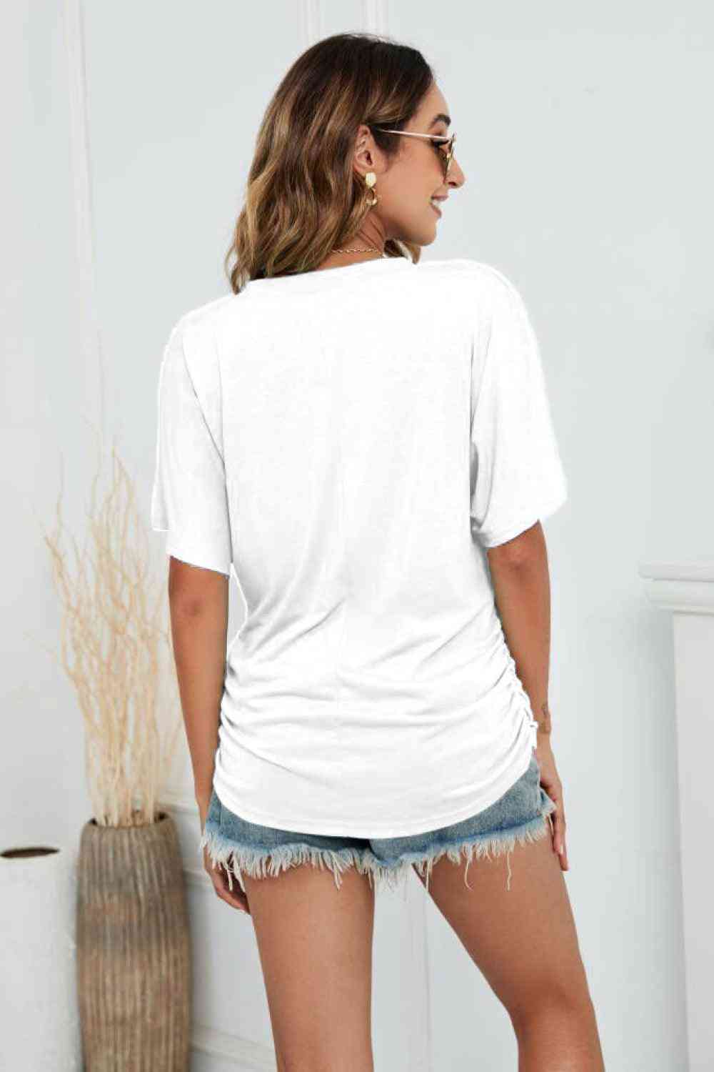 V-Neck Side Ruched Tee - The Swanky Bee