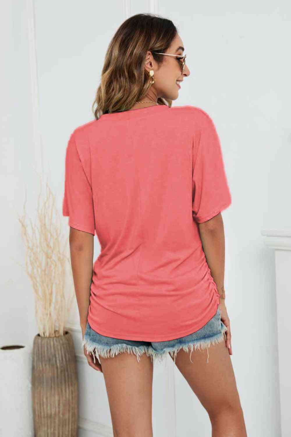 V-Neck Side Ruched Tee - The Swanky Bee