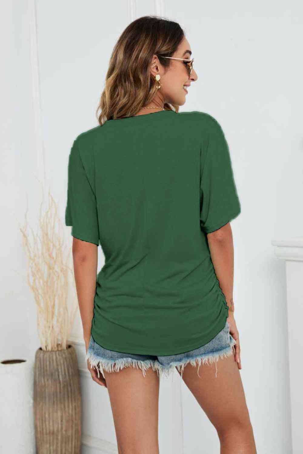 V-Neck Side Ruched Tee - The Swanky Bee