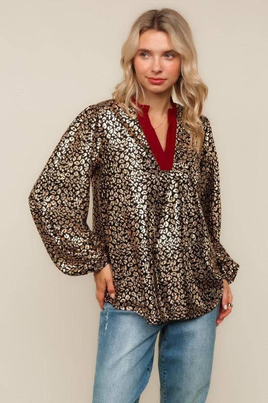 Cheetah Foil Print Long Sleeve Blouse Top