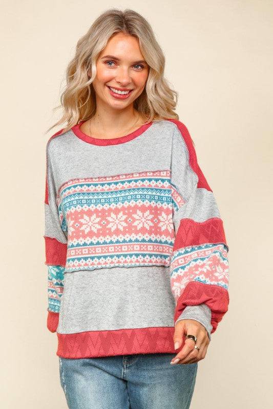 Snowflake Pattern Color Block Pullover Top