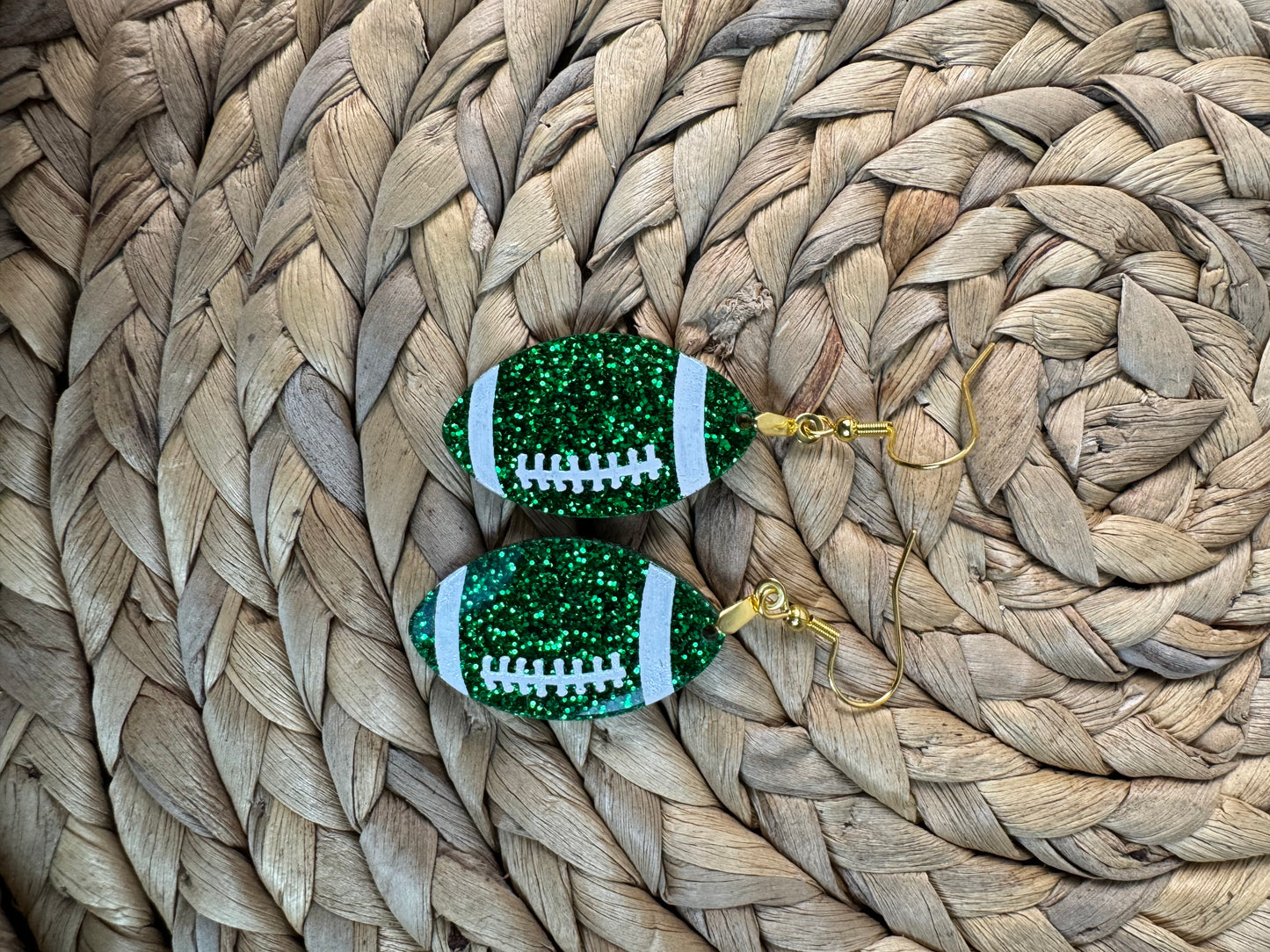 Glitter Football Earrings – Game Day Drop Earrings in Team Colors – 2.5" Football Dangles – Custom Football Mom Jewelry