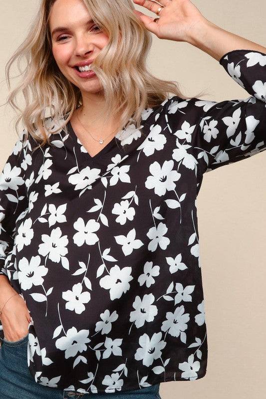 Floral V-Neck Blouse with Hi-Low Ruffle Hem Sleeves – Three Quarter Sleeve Waterfall Top