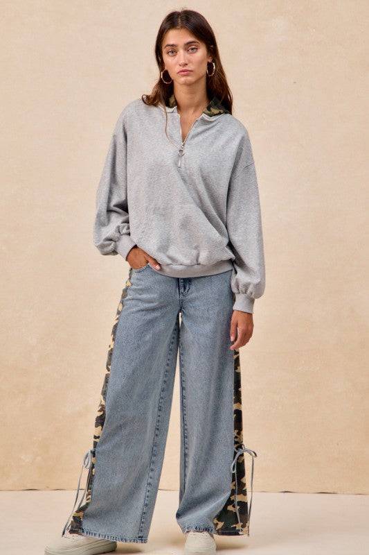 Camo Side Bow Washed Denim Pants for Stylish Comfort