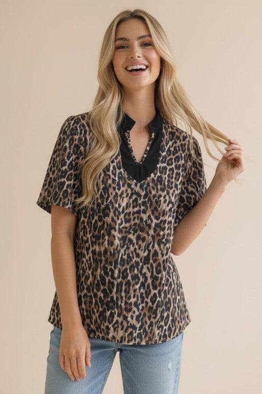 Leopard Print Blouse with Color Block Flutter Sleeves