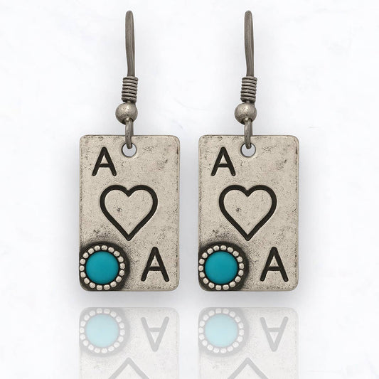 Ace of Hearts Western Earrings – Antique Silver with Turquoise Accent