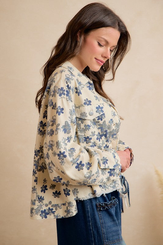 Floral Cropped Washed Denim Jacket