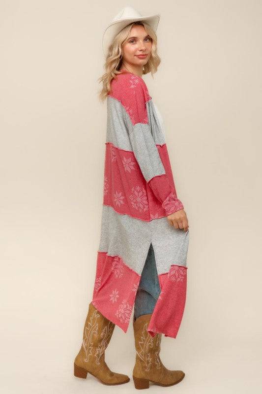 Color Block Snowflake Print Duster Cardigan