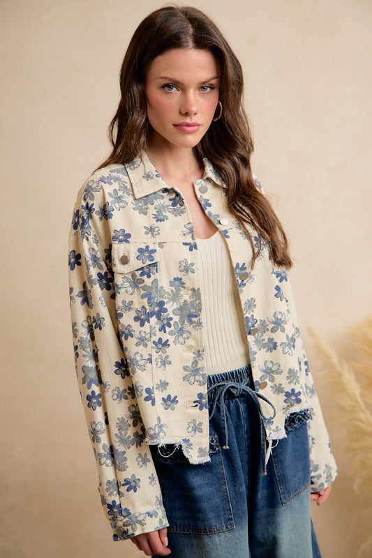 Floral Cropped Washed Denim Jacket