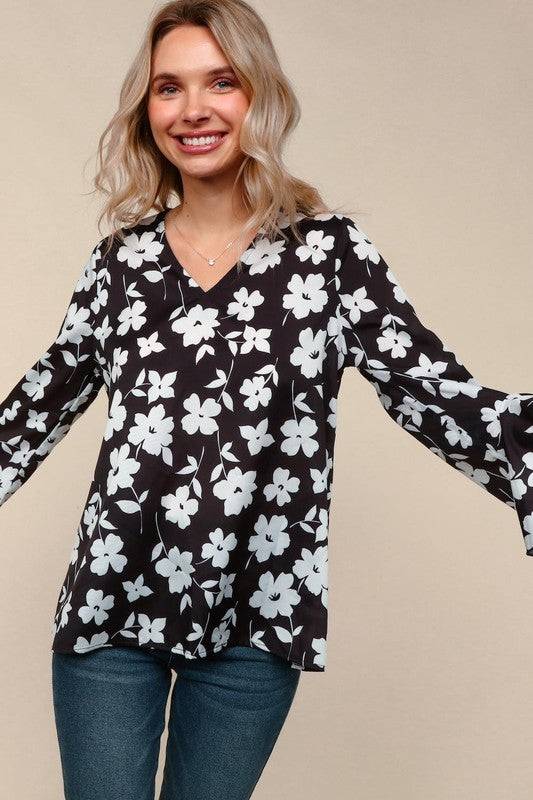 Floral V-Neck Blouse with Hi-Low Ruffle Hem Sleeves – Three Quarter Sleeve Waterfall Top