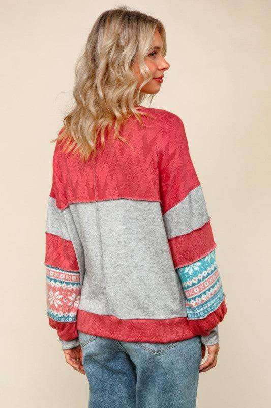 Snowflake Pattern Color Block Pullover Top
