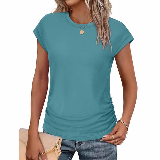 Women's round neck basic T-shirt in teal with ruched waist detail, available in sizes S to XXL. Made from cotton-polyester blend.